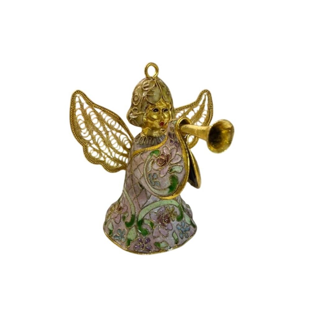 Vintage Cloisonne Style Angel Ornament Trumpet Gold Filigree Wings Enamel Floral